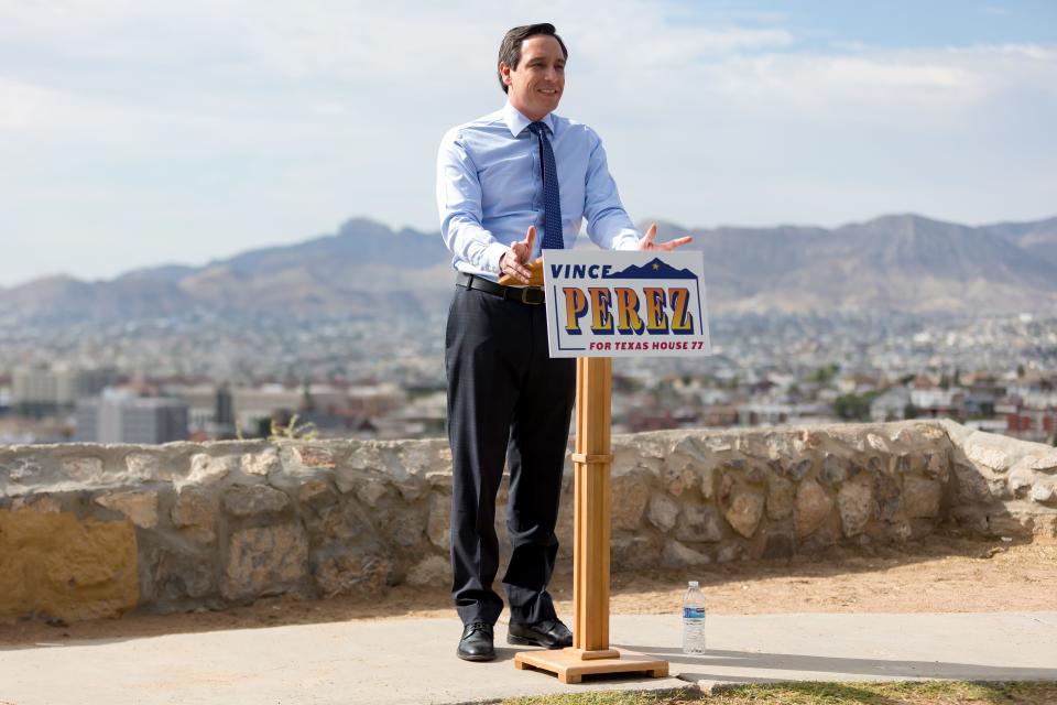 Former County Commissioner Vince Perez holds a press conference announcing his bid to replace outgoing state Rep. Lina Ortega on Sept. 21, 2023, at Tom Lea Park in El Paso.