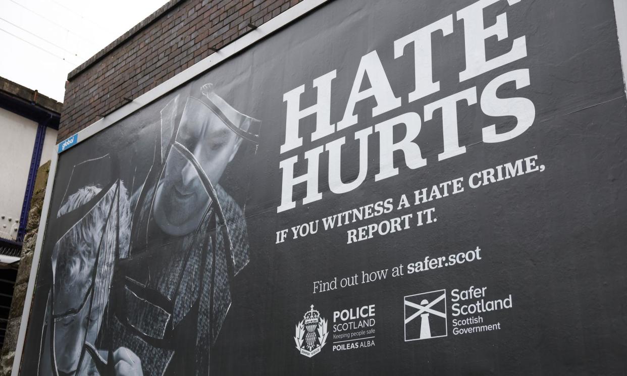 <span>A billboard advises the public on the new Hate Crime and Public Order (Scotland) Act in Glasgow.</span><span>Photograph: Jeff J Mitchell/Getty Images</span>