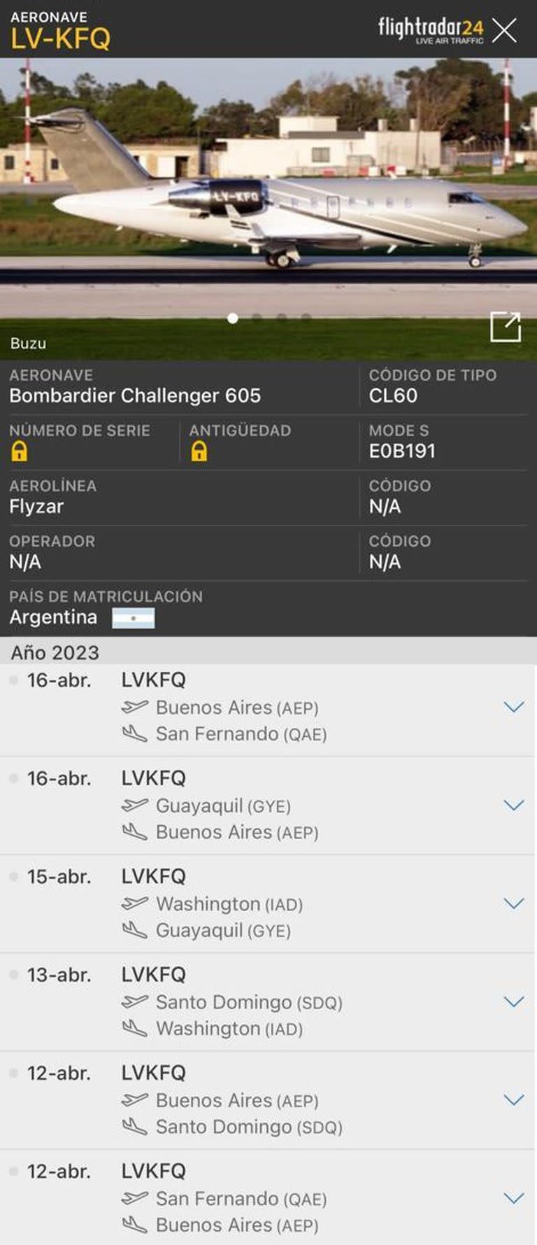 La información de los despegues y aterrizajes del Bombardier Challenger 605