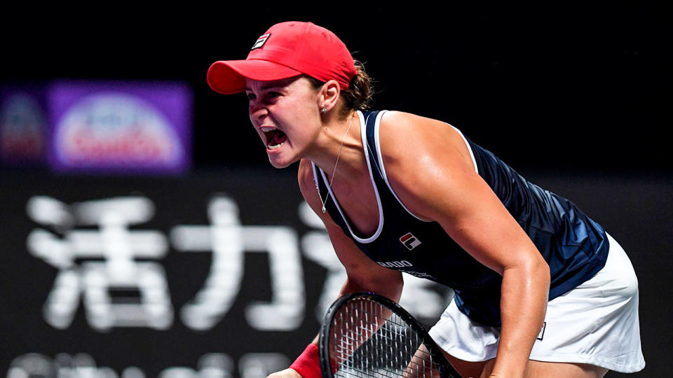 Ash Barty celebrates her win against Elina Svitolina in the WTA Finals decider. 
