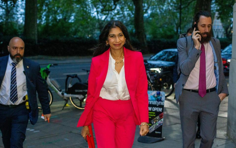 Suella Braverman, the Home Secretary, is pictured in Westminster this morning