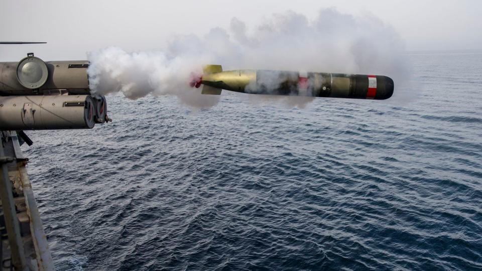 An MK 54 Mod 0 Torpedo used for training launches from the Arleigh Burke-class guided-missile destroyer Roosevelt in April 2014. (MC2 Justin Wolpert/U.S. Navy)