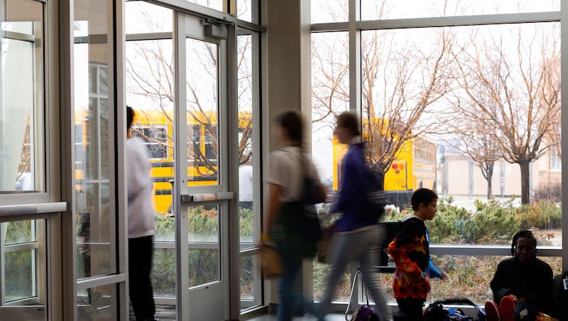 Students walk out of Ben Lomond High School in Ogden on Wednesday, Feb. 7, 2024.