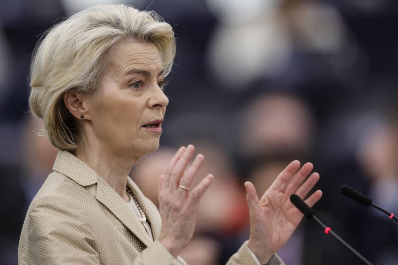 European Commission President Ursula von der Leyen delivers her speech at the European Parliament in Strasbourg, February 2024