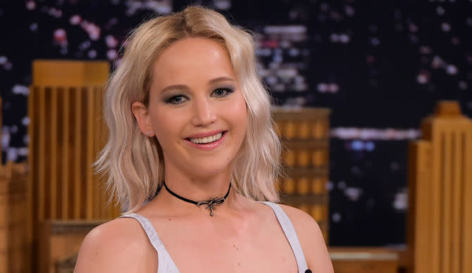 Jennifer Lawrence shares a laugh with Jimmy Fallon