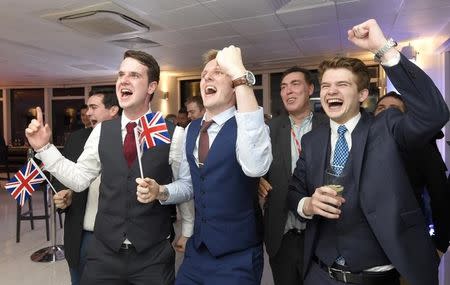 Leave supporters cheer results at a Leave.eu party after polling stations closed in the Referendum on the European Union in London, Britain, June 23, 2016. REUTERS/Toby Melville