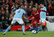 <p>Soccer Football – Champions League Quarter Final First Leg – Liverpool vs Manchester City – Anfield, Liverpool, Britain – April 4, 2018 Liverpool’s Alex Oxlade-Chamberlain in action with Manchester City’s Ilkay Gundogan REUTERS/Andrew Yates </p>