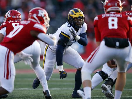 Nov 10, 2018; Piscataway, NJ, USA; Michigan Wolverines defensive lineman Rashan Gary (3) plays defense against the Rutgers Scarlet Knights during the first half at High Point Solutions Stadium. Mandatory Credit: Noah K. Murray-USA TODAY Sports