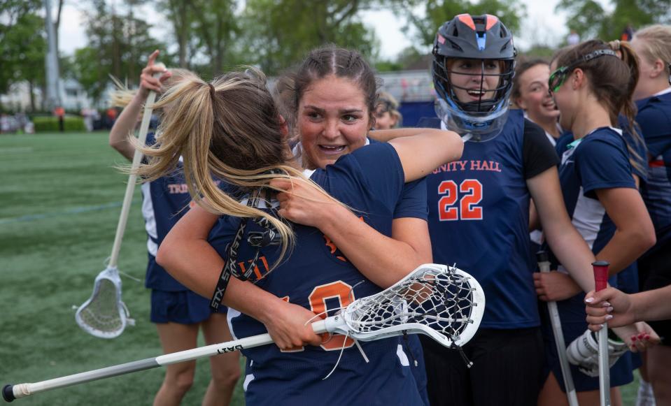 Trinity Hall girls celebrate their win. Trinity Hall Girls Lacrosse defeats Rumson-Fair Haven 17-7 in Shore Conference Tournament Final in West Long Branch, NJ on May 17, 2022. 