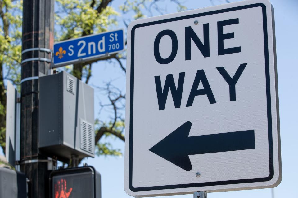 Second Street turns into a one-way street south of Broadway in downtown Louisville. A $7.5 million grant from the Safe Streets program will transform Second and Third streets into two-way roads by the fourth quarter of 2026. April 25, 2024