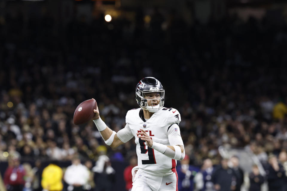 Atlanta Falcons quarterback Desmond Ridder (9) throws a pass for a touchdown in the first half of an NFL football game against the New Orleans Saints in New Orleans, Sunday, Jan. 7, 2024. (AP Photo/Butch Dill)