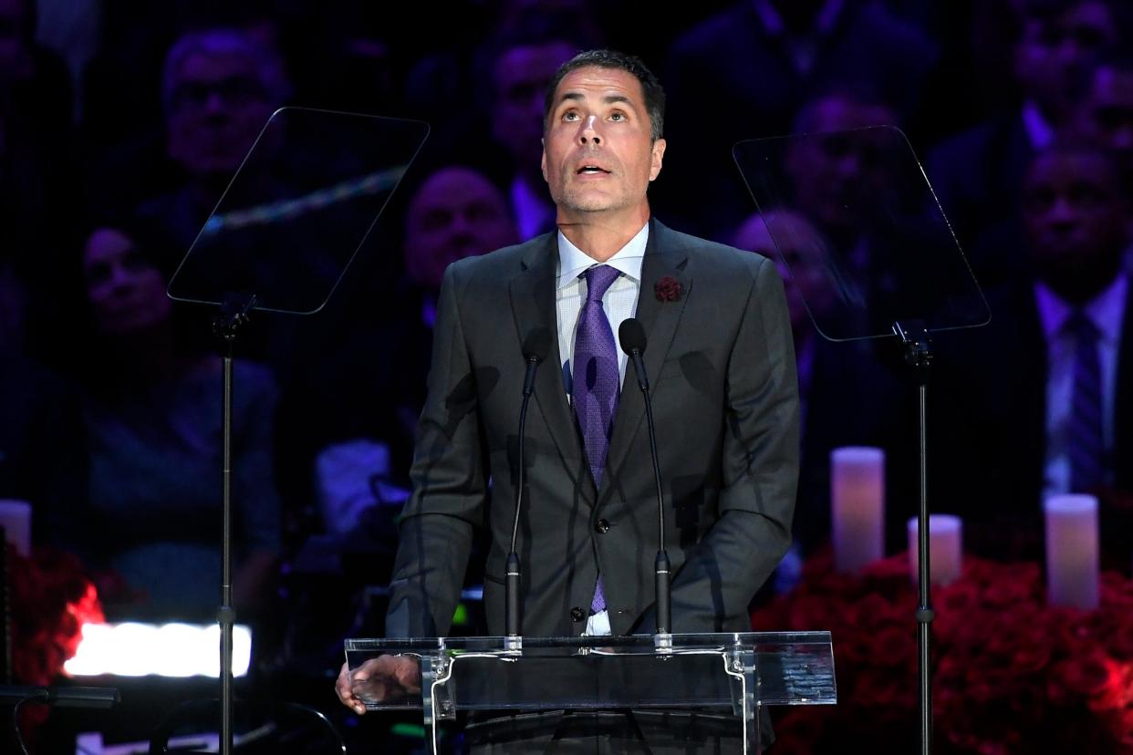 Rob Pelinka, general manager of the LA Lakers, pays tribute to Kobe Bryant and his daughter Gianna at an event at the Staples Center in Los Angeles: Getty Images