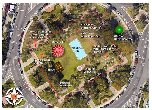 A site map of the proposed winter festival inside the St. Armands Circle roundabout in Sarasota.