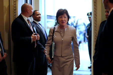 FILE PHOTO: U.S. Senator Susan Collins (R-ME) departs after the weekly Republican caucus policy luncheon at the U.S. Capitol in Washington, U.S. September 19, 2017. REUTERS/Jonathan Ernst