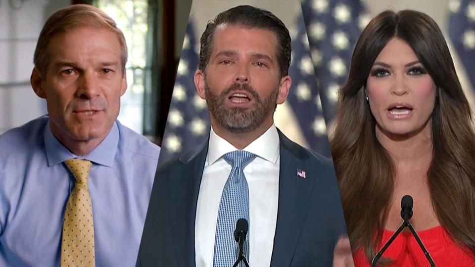 Rep. Jim Jordan, Donald Trump Jr. and Kimberly Guilfoyle speak during the virtual Republican National Convention on August 24, 2020. (via Reuters TV)