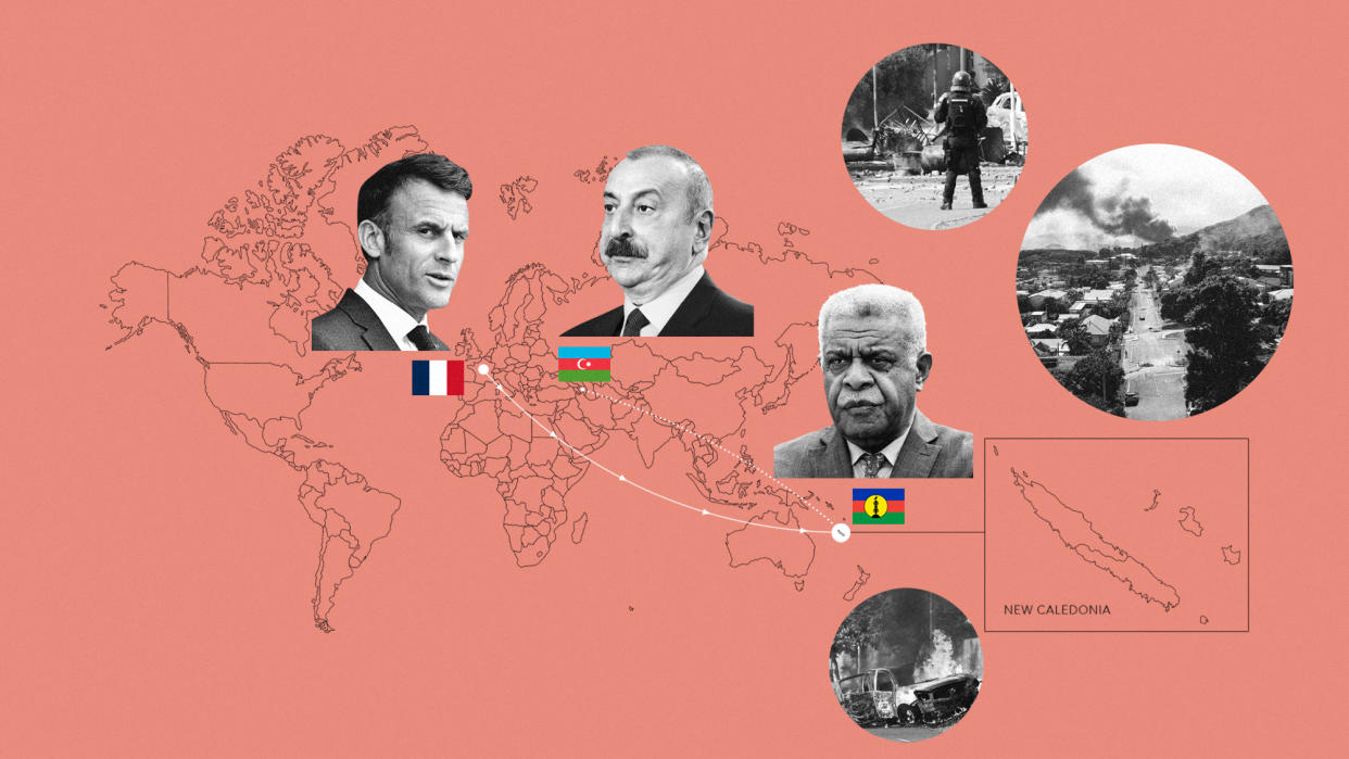  Infographic style illustration of a world map linking France, Azerbaijan and New Caledonia, with Emmanuel Macron, Louis Mapou and Ilham Aliyev. 