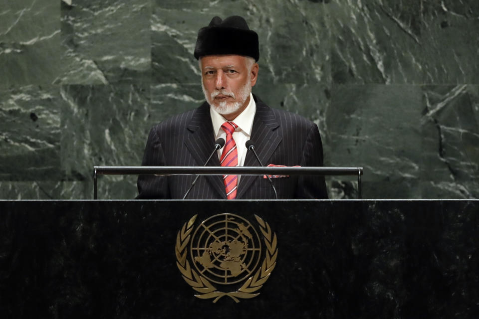Yousuf bin Alawi bin Abdallah, foreign minister of Oman, addresses the 74th session of the United Nations General Assembly, Saturday, Sept. 28, 2019. (AP Photo/Richard Drew)