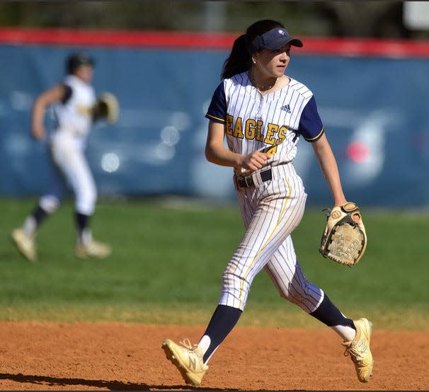Lexi Hannah is on the move around second base for Oklahoma Wesleyan University during 2023 softball season action.