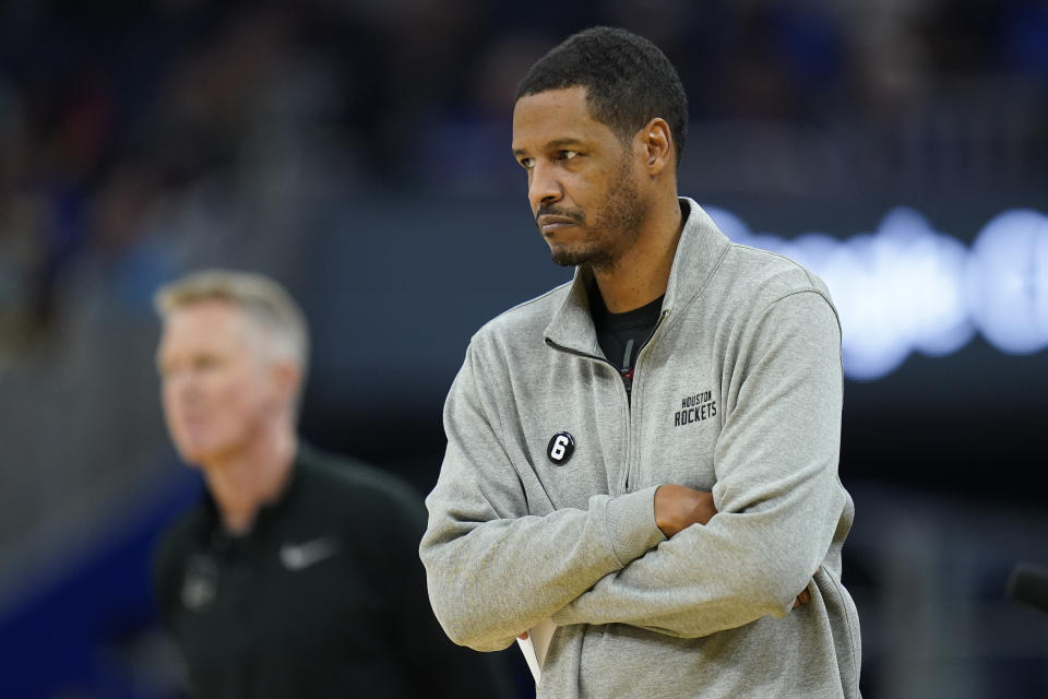 Houston Rockets head coach Stephen Silas watches the first half of an NBA basketball game against the Golden State Warriors in San Francisco, Saturday, Dec. 3, 2022. (AP Photo/Godofredo A. Vásquez)