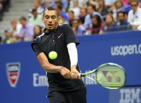 Sep 1, 2015; New York, NY, USA; Nick Kyrgios of Australia returns a shot to Andy Murray of Great Britain on day two of the 2015 U.S. Open tennis tournament at USTA Billie Jean King National Tennis Center. Mandatory Credit: Jerry Lai-USA TODAY Sports