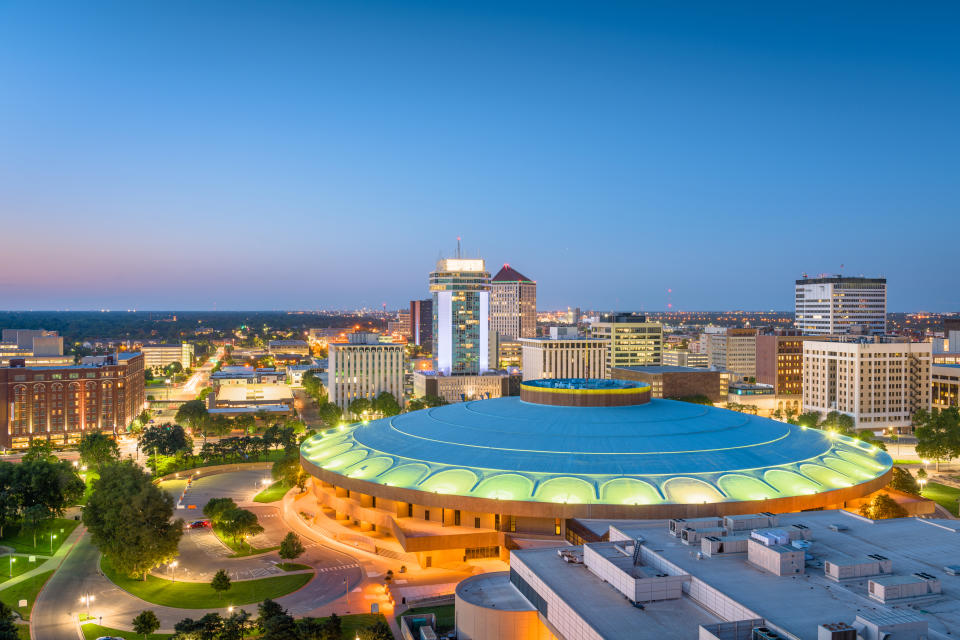 Skyline of downtown Wichita, Kansas, USA at sunset.