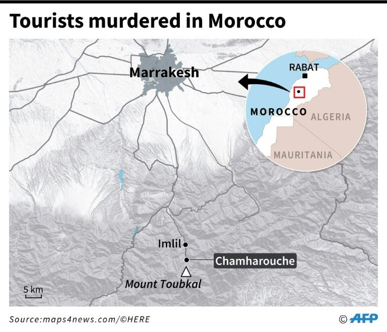 Map locating the zone in the High Atlas mountains where two Scandinavian women were murdered