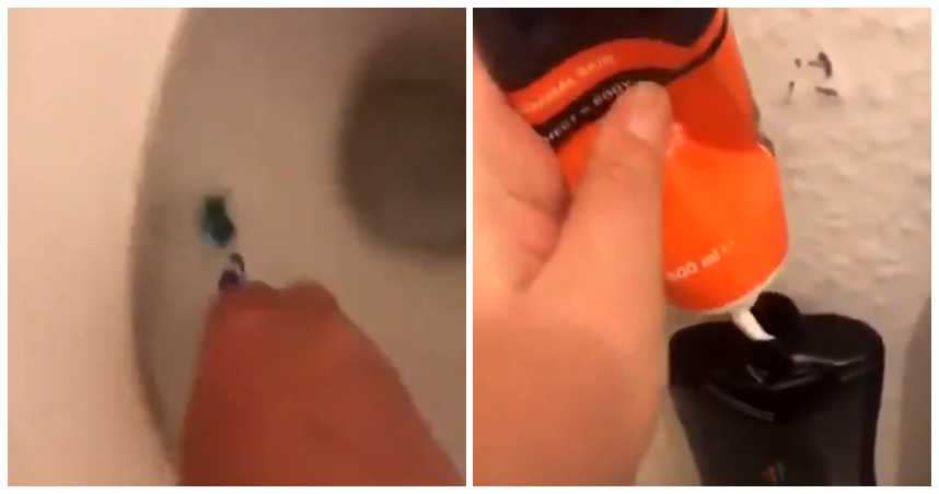 女子用男友的牙刷刷馬桶，還將脫毛膏灌入洗髮精瓶子。（合成圖／kiannaconnelly推特）
