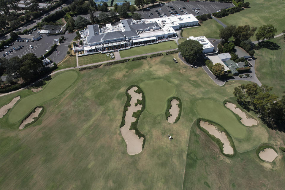 In this aerial photo is the Los Angeles Country Club on Sept. 26, 2022, in Los Angeles. The Los Angeles Country Club is opening itself to the world's largest golf audiences with the arrival of the 123rd U.S. Open next week. For its first century of existence, the club and its two courses were rarely seen by anyone except its wealthy members. (AP Photo/Ringo H.W. Chiu)