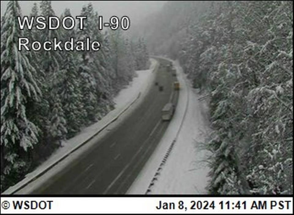 Live camera footage from the Washington State Department of Transportation can be accessed online for updated views of state passes. Shot of I-90 at Rockdale (Milepost 49.3) at 11:41 a.m. on Jan. 8, 2024. Courtesy: WSDOT