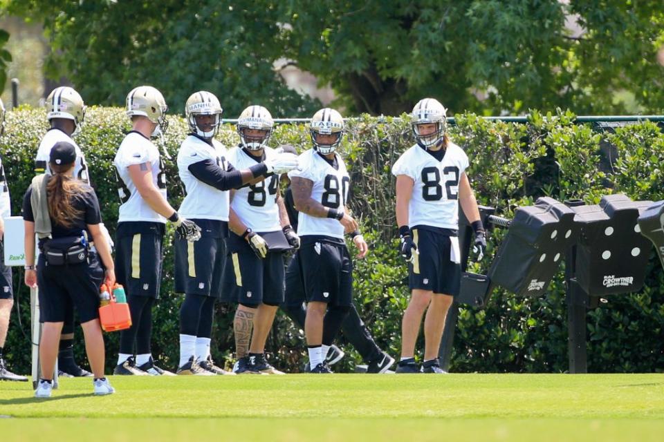 Jun 16, 2016; New Orleans, LA, USA; New Orleans Saints tight end Coby Fleener (82) waits to start a drill with the tight ends during the final day of minicamp at the New Orleans Saints Training Facility. Mandatory Credit: Derick E. Hingle-USA TODAY Sports