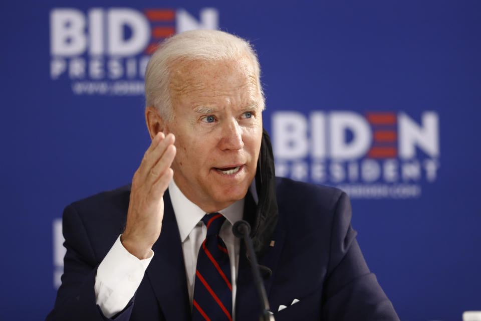 In this June 11, 2020, photo, Democratic presidential candidate former Vice President Joe Biden speaks during a roundtable on economic reopening with community members in Philadelphia. Biden’s search for a running mate is entering a second round of vetting for a dwindling list of potential vice presidential nominees, with several black women in strong contention. (AP Photo/Matt Slocum)