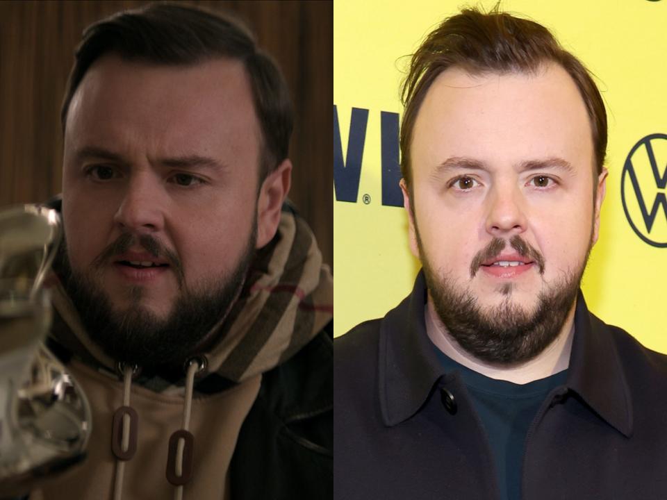 left: jack rooney in a hoodie and holding a futuristic silver helmet; right: john bradley at the 3 body premiere, wearing a black jacket and blue shirt