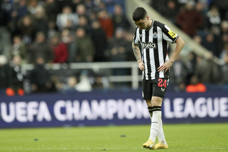 Newcastle's Miguel Almiron reacts at the end of the Champions League group F soccer match between Newcastle United and AC Milan at St. James' Park, in Newcastle, England, Wednesday, Dec. 13, 2023. (AP Photo/Scott Heppell)