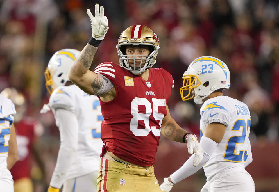 George Kittle of the San Francisco 49ers reacts after a first down against the Los Angeles Chargers on Nov. 13. (Thearon W. Henderson/Getty Images)