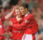 <p>Solskjaer celebrates his debut goal against Blackburn. (Press Association) </p>