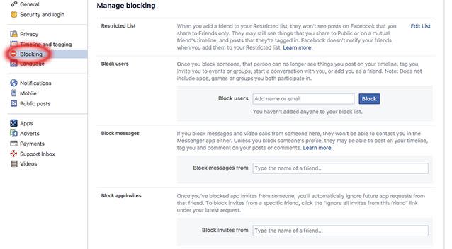 The hoax tells you to find the 'blocking' tab. Source: Facebook