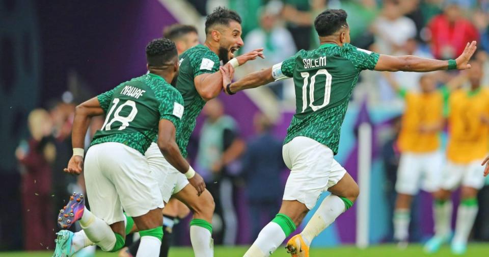 Saudi Arabia celebrate goal v Argentina Credit: Alamy