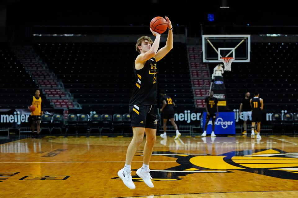 Northern Kentucky Norse guard Sam Vinson (2) shoots from three point range at Truist Arena in Highland Heights, Ky., on Thursday, Oct. 27, 2022.