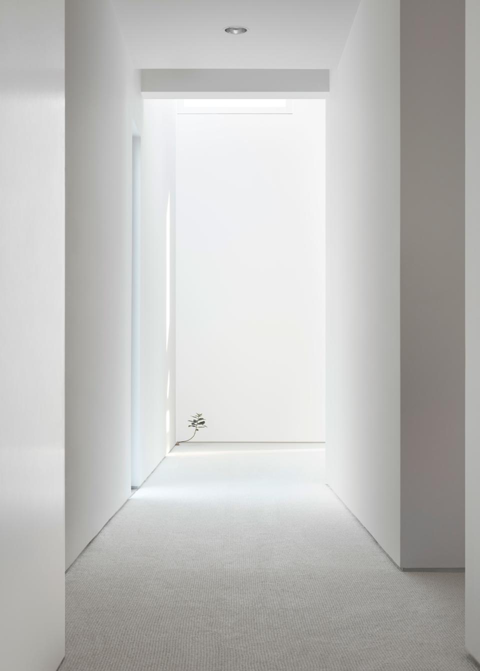 The stark white hallway leading to the master bedroom was the perfect place to install one of the couple’s favorite pieces: a diminutive Tony Matelli weed sculpture. “It looks like it’s growing out of the corner,” says Kristen.