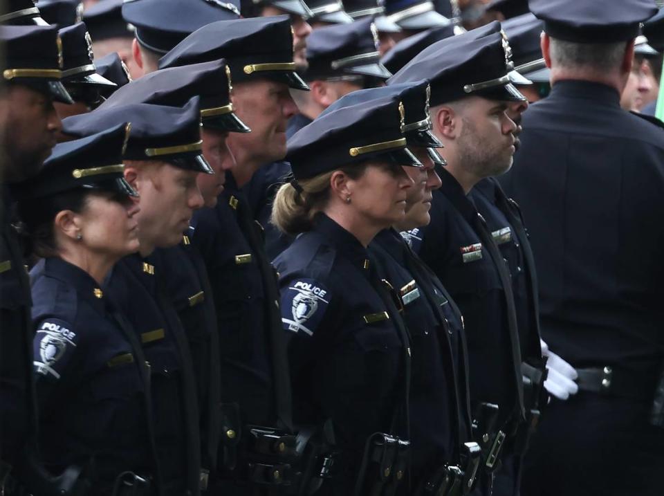 The Charlotte-Mecklenburg Police Department honored the lives and service of officers who have died on duty at the annual Mecklenburg County Peace Officers Memorial Service in uptown Charlotte, on Friday, May 17, 2024.