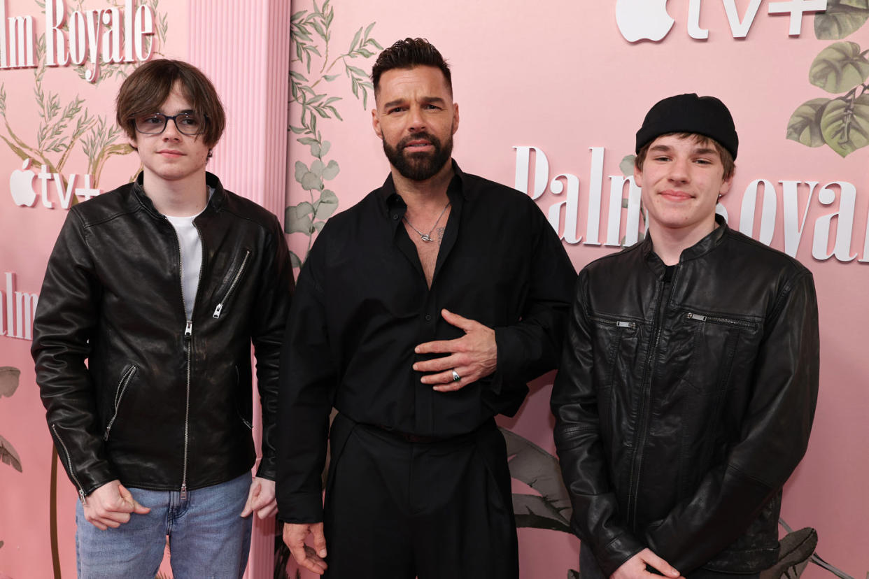 Valentino Martin, Ricky Martin and Matteo Martin at the world premiere of Apple TV+'s “Palm Royale” at the Samuel Goldwyn Theatre on March 14, 2024 in Beverly Hills, California.  (Eric Charbonneau / Getty Images for Apple TV+)