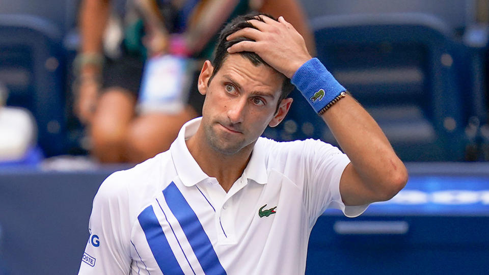 Pictured here, Novak Djokovic looks rattled during the 2020 US Open tournament.