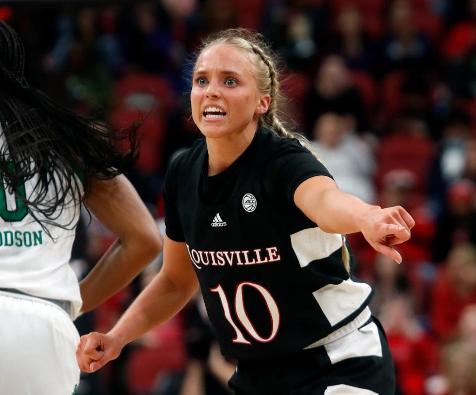 Louisville’s Hailey Van Lith makes moves after scoring against Notre Dame. Feb. 13, 2022