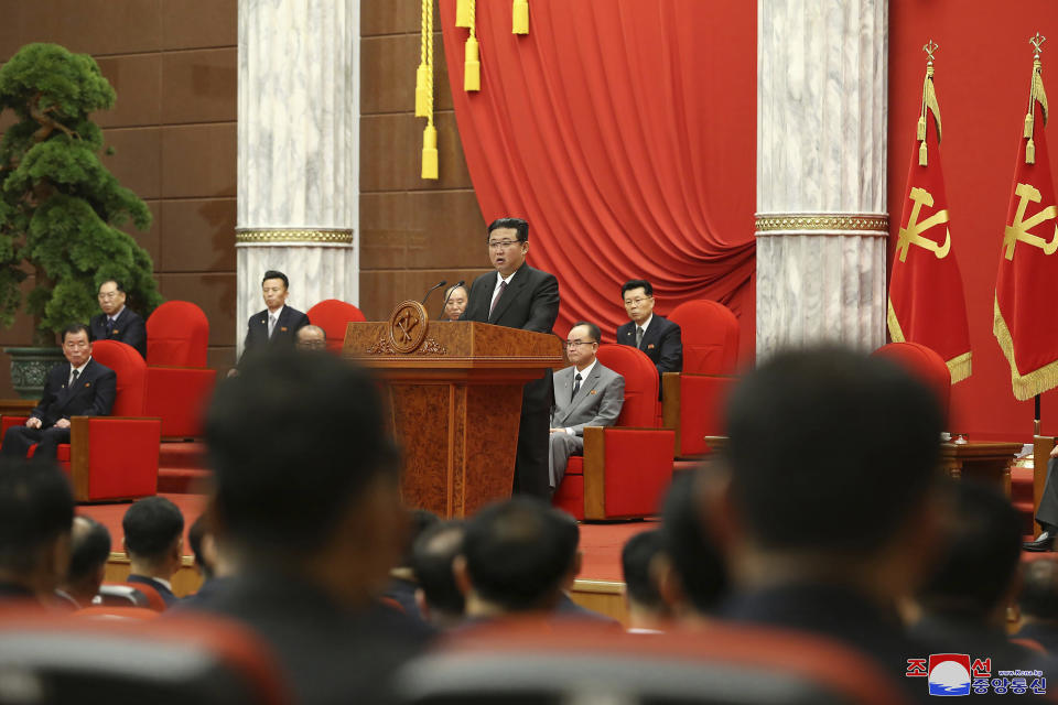 In this photo provided by the North Korean government, North Korean leader Kim Jong Un, center, delivers a speech during an event to celebrate the 76th anniversary of the country’s Workers' Party in Pyongyang, North Korea Sunday, Oct. 10, 2021. Independent journalists were not given access to cover the event depicted in this image distributed by the North Korean government. The content of this image is as provided and cannot be independently verified. Korean language watermark on image as provided by source reads: "KCNA" which is the abbreviation for Korean Central News Agency. (Korean Central News Agency/Korea News Service via AP)