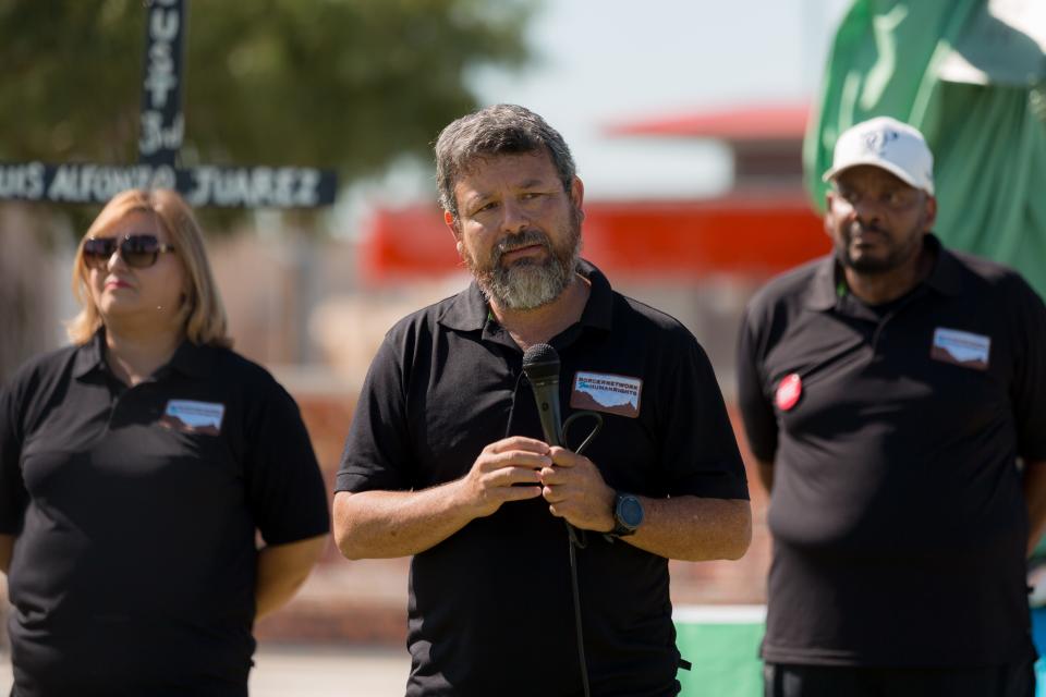 The Border Network for Human Rights Executive Director Fernando Garcia speaks as they led the #ElPasoFirme Community Memorial: A Call to Action Against White Supremacy, Racism, and Xenophobia service at Ponder Park in East El Paso on August 3, 2022, the third anniversary of the August 3 Walmart shooting.