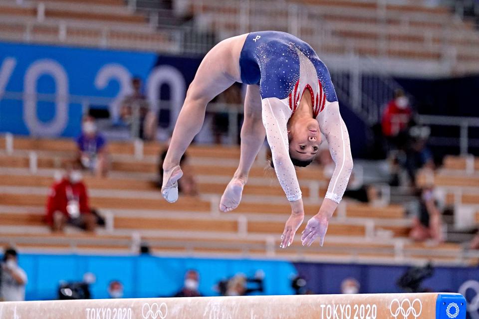 Sunisa Lee (USA) in the women's gymnastics individual all-around final during the Tokyo 2020 Olympic Summer Games at Ariake Gymnastics Centre on July 29, 2021.