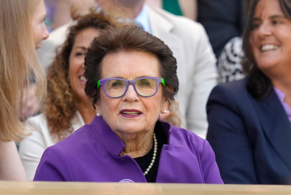 Former Wimbledon champion Billie-Jean King sits in the Royal Box (AP)