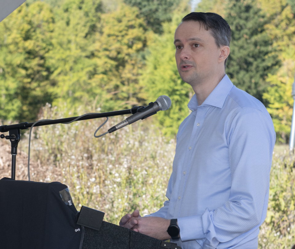 Frederick Joseph Frese IV, son of Dr. Fred Frese, talks about his father at the groundbreaking on Thursday, October 3.