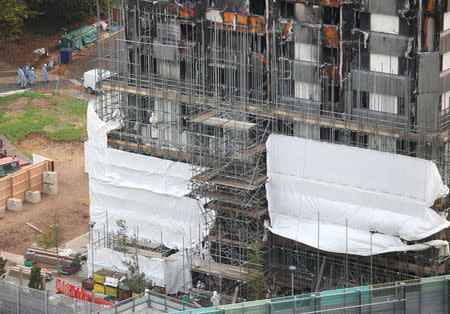 Workers erect scaffolding around the Grenfell tower in London, Britain, October 16, 2017. REUTERS/Hannah Mckay