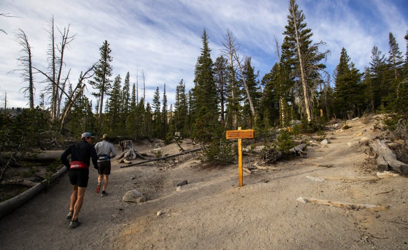 MAMMOTH LAKES, CALIF. -- WEDNESDAY, OCTOBER 16, 2019: Train runners run past new signage and revamped trails at the Horseshoe Lake Trailhead in Mammoth Lakes, Calif., on Oct. 16, 2019. (Brian van der Brug / Los Angeles Times)